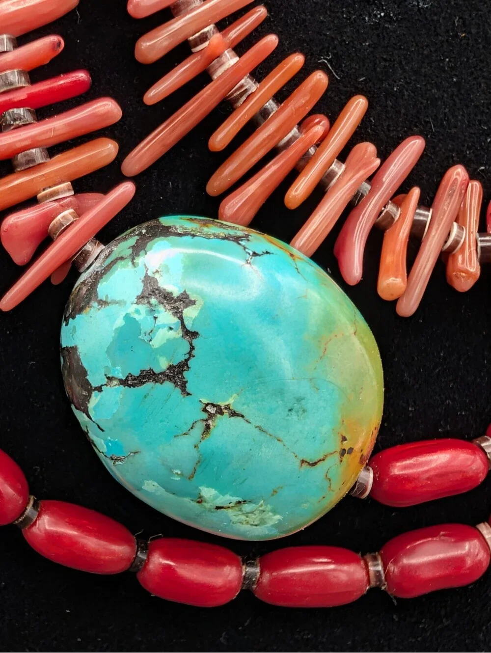 Vintage Large Turquoise Red Coral Branch 925 Sterling Silver Statement Necklace